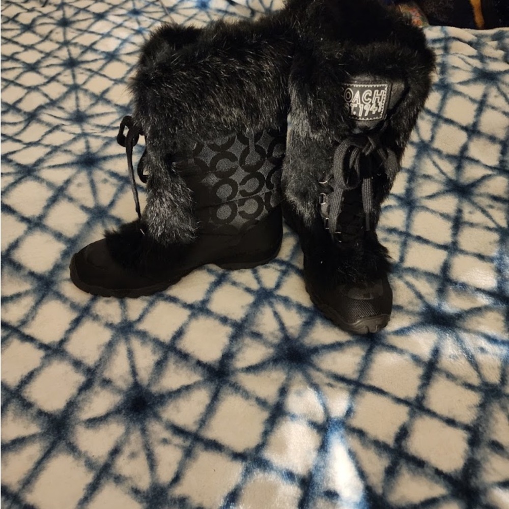 COACH Jennie Fur Trim Monogram Winter Snow Boots - Black size 5